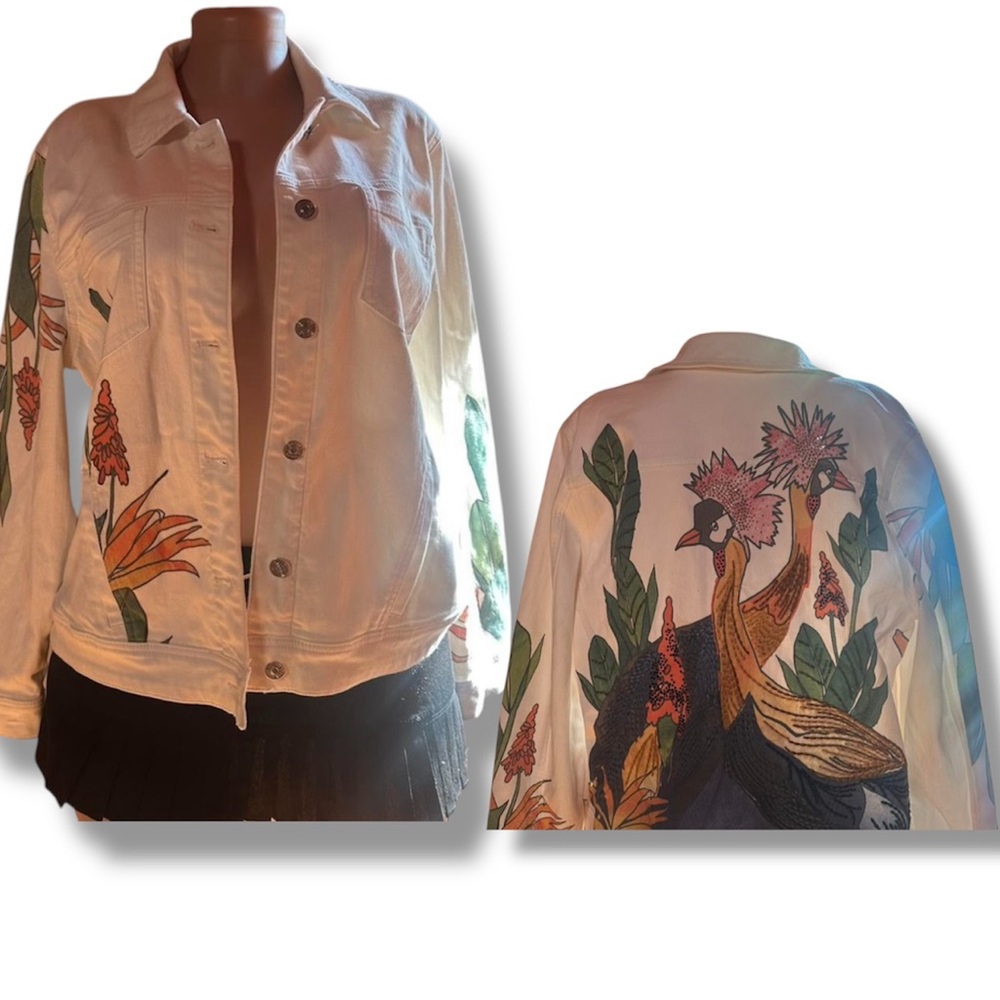 Chico's White Jean Jacket with Colorful Embroidery